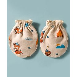 Babyhug 100% Cotton Interlock Knit Cap Mittens & Booties Set With Bear Print Peach - Diameter 17 cm