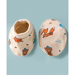 Babyhug 100% Cotton Interlock Knit Cap Mittens & Booties Set With Bear Print Peach - Diameter 17 cm