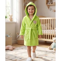 Babyhug Knit Full Sleeves Terry Bath Robe With Hood & Teddy Bear Embroidery - Green