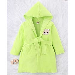 Babyhug Knit Full Sleeves Terry Bath Robe With Hood & Teddy Bear Embroidery - Green