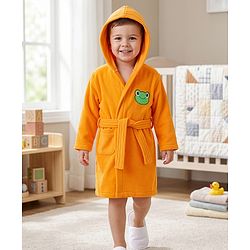 Babyhug Knit Full Sleeves Terry Bath Robe With Hood & Teddy Bear Embroidery - Green