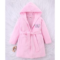 Babyhug Terry Knit Full Sleeves Bath Robe With Hood & Butterfly Embroidery - Pink