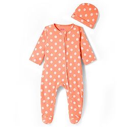 Babyhug Cotton Knit Full Sleeves Footed Sleepsuit With Polka Dot Print & Cap - Peach