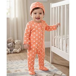 Babyhug Cotton Knit Full Sleeves Footed Sleepsuit With Polka Dot Print & Cap - Peach