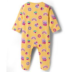 Babyhug Cotton Knit Full Sleeves Footed Sleepsuit With Floral Print & Cap - Yellow