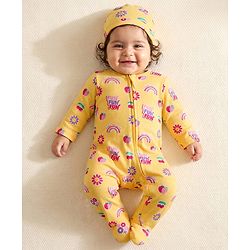Babyhug Cotton Knit Full Sleeves Footed Sleepsuit With Floral Print & Cap - Yellow