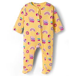 Babyhug Cotton Knit Full Sleeves Footed Sleepsuit With Floral Print & Cap - Yellow