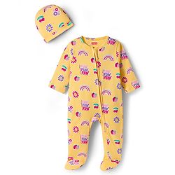 Babyhug Cotton Knit Full Sleeves Footed Sleepsuit With Floral Print & Cap - Yellow