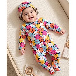 Babyhug Cotton Knit Full Sleeves Footed Sleepsuit With Floral Print & Cap - Navy Blue