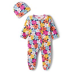 Babyhug Cotton Knit Full Sleeves Footed Sleepsuit With Floral Print & Cap - Navy Blue
