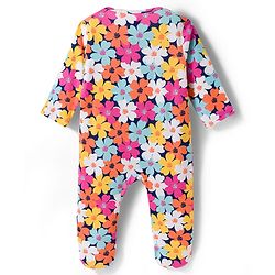 Babyhug Cotton Knit Full Sleeves Footed Sleepsuit With Floral Print & Cap - Navy Blue
