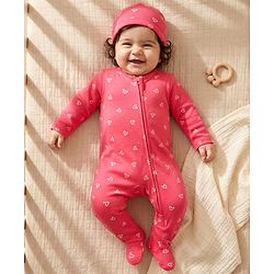 Babyhug Cotton Knit Full Sleeves Footed Sleepsuit With Heart Print & Cap - Pink