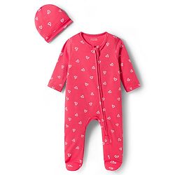 Babyhug Cotton Knit Full Sleeves Footed Sleepsuit With Heart Print & Cap - Pink