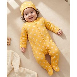Babyhug Cotton Knit Full Sleeves Footed Sleepsuit With Heart Print - Yellow