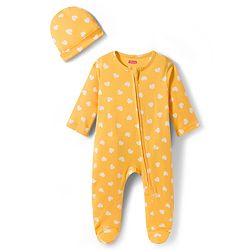 Babyhug Cotton Knit Full Sleeves Footed Sleepsuit With Heart Print - Yellow