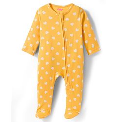 Babyhug Cotton Knit Full Sleeves Footed Sleepsuit With Heart Print - Yellow