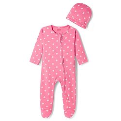 Babyhug Cotton Knit Full Sleeves Footed Sleepsuit With Polka Dots Print & Cap - Pink