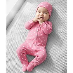 Babyhug Cotton Knit Full Sleeves Footed Sleepsuit With Polka Dots Print & Cap - Pink