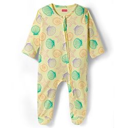 Babyhug Cotton Knit Full Sleeves Footed Sleepsuit With Star Fish Print & Cap - Light Yellow