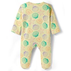 Babyhug Cotton Knit Full Sleeves Footed Sleepsuit With Star Fish Print & Cap - Light Yellow