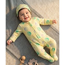 Babyhug Cotton Knit Full Sleeves Footed Sleepsuit With Star Fish Print & Cap - Light Yellow