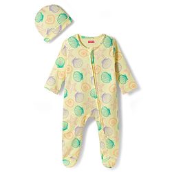 Babyhug Cotton Knit Full Sleeves Footed Sleepsuit With Star Fish Print & Cap - Light Yellow
