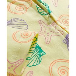 Babyhug Cotton Knit Full Sleeves Footed Sleepsuit With Star Fish Print & Cap - Light Yellow
