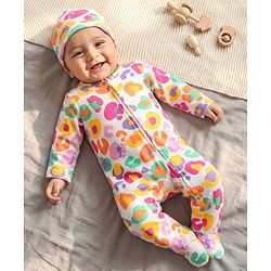 Babyhug Cotton Knit Full Sleeves Sleepsuit With Abstract Print & Cap - White