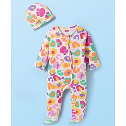 Babyhug Cotton Knit Full Sleeves Sleepsuit With Abstract Print & Cap - White