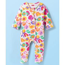 Babyhug Cotton Knit Full Sleeves Sleepsuit With Abstract Print & Cap - White