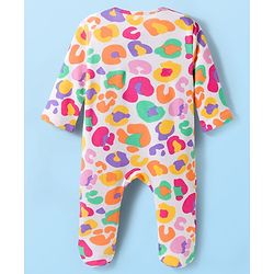 Babyhug Cotton Knit Full Sleeves Sleepsuit With Abstract Print & Cap - White