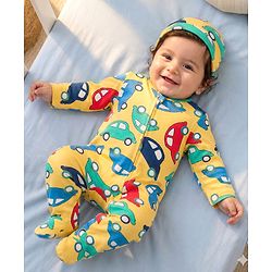 Babyhug Cotton Knit Full Sleeves Footed Sleepsuit With Vehicle Print & Cap - Yellow