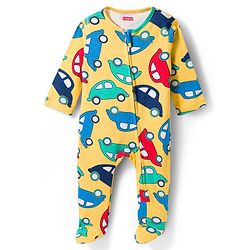 Babyhug Cotton Knit Full Sleeves Footed Sleepsuit With Vehicle Print & Cap - Yellow
