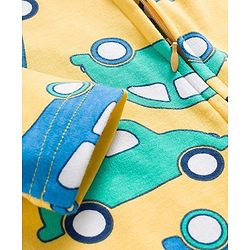 Babyhug Cotton Knit Full Sleeves Footed Sleepsuit With Vehicle Print & Cap - Yellow