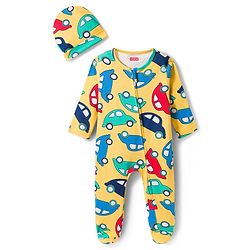 Babyhug Cotton Knit Full Sleeves Footed Sleepsuit With Vehicle Print & Cap - Yellow