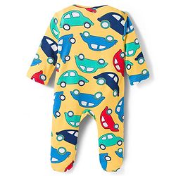 Babyhug Cotton Knit Full Sleeves Footed Sleepsuit With Vehicle Print & Cap - Yellow