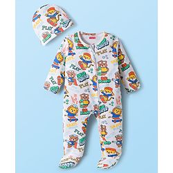 Babyhug Cotton Knit Full Sleeves Footed Sleepsuit With Bear Print & Cap - White