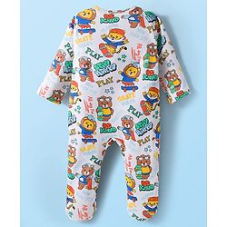 Babyhug Cotton Knit Full Sleeves Footed Sleepsuit With Bear Print & Cap - White