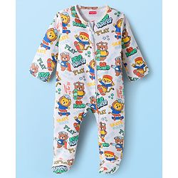 Babyhug Cotton Knit Full Sleeves Footed Sleepsuit With Bear Print & Cap - White
