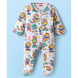 Babyhug Cotton Knit Full Sleeves Footed Sleepsuit With Bear Print & Cap - White