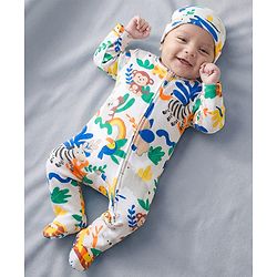 Babyhug Cotton Knit Full Sleeves Footed Sleepsuit With Jungle Theme Print & Cap - White