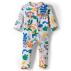 Babyhug Cotton Knit Full Sleeves Footed Sleepsuit With Jungle Theme Print & Cap - White