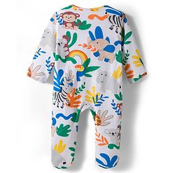 Babyhug Cotton Knit Full Sleeves Footed Sleepsuit With Jungle Theme Print & Cap - White