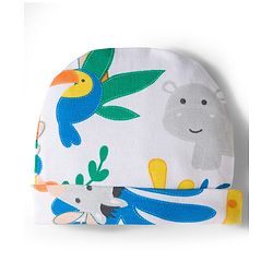 Babyhug Cotton Knit Full Sleeves Footed Sleepsuit With Jungle Theme Print & Cap - White