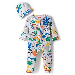 Babyhug Cotton Knit Full Sleeves Footed Sleepsuit With Jungle Theme Print & Cap - White