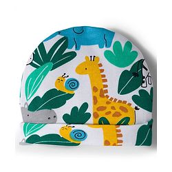Babyhug Cotton Knit Full Sleeves Footed Sleepsuit With Jungle Theme Print & Cap - White