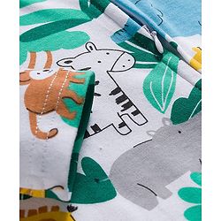 Babyhug Cotton Knit Full Sleeves Footed Sleepsuit With Jungle Theme Print & Cap - White
