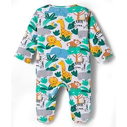 Babyhug Cotton Knit Full Sleeves Footed Sleepsuit With Jungle Theme Print & Cap - White
