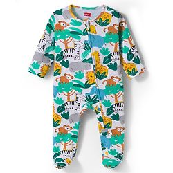 Babyhug Cotton Knit Full Sleeves Footed Sleepsuit With Jungle Theme Print & Cap - White