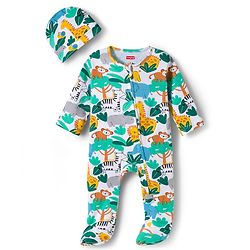 Babyhug Cotton Knit Full Sleeves Footed Sleepsuit With Jungle Theme Print & Cap - White